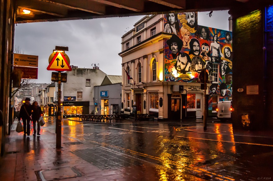 The Prince Albert Pub Brighton, view showing front and side with mural, john Peel, Jimi Hendrix, Kurt Cobain, Amy Winehouse, Banksy Kissing Police Men 23/12/13