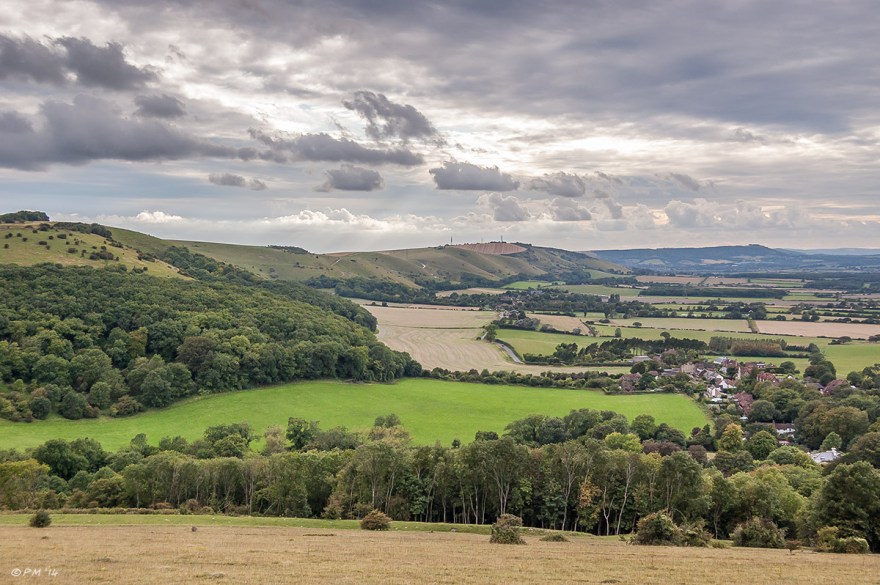 View West From Newtimber Hill showing Devils Dyke, Edburton Hill, Chanctonbury Ring and villages of Poynings, Fulking, Edburton  and Steyning. Sounth Downs National Park, Sussex, UK P.Maton 2014 eyeteeth.net