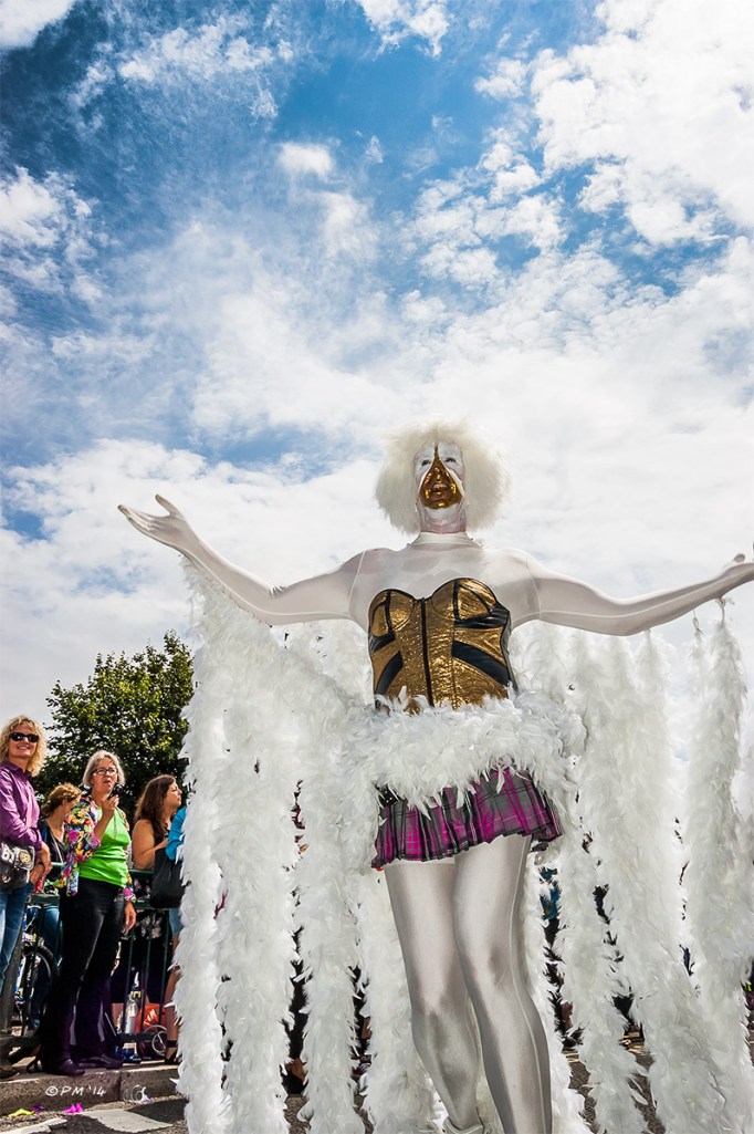 Man in costume with white feathers in parade at Gay Pride Brighton UK with onlookers in background P. Maton 2014