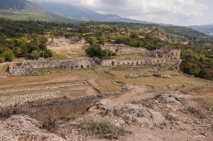 View South East over Tlos from Acropolis Hill showing amphitheater. Tlos Fethiye Turkey. Colour landscape. P.Maton 06/09/2014 eyeteeth.net