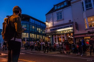 Colourful Night time view of people outside The Wagon and Horses Pub Church Road Brighton UK. Colour Landscape. © P.Maton 2014 eyeteeth.net