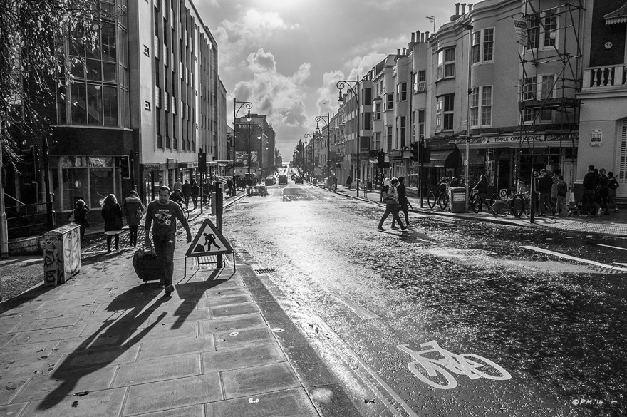 View South along Queens Road Brighton UK in sunshine after rain with sea in distance. Monochrome Landscape. © P. Maton 2014 eyeteeth.net