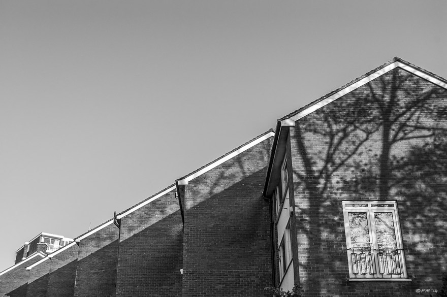 Shadows of a tree cast on side of a row of houses, Furze Hill Brighton UK. Abstract Monochrome Landscape. © P. Maton 2014 eyeteeth.net 