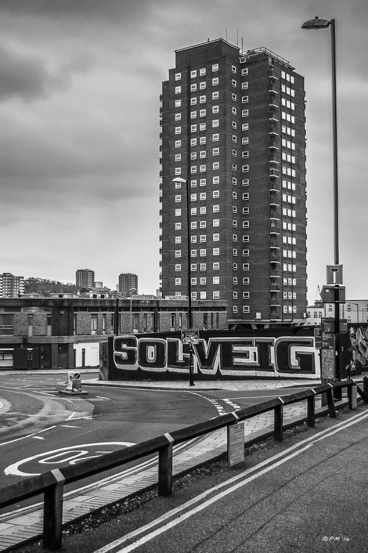 Theobald House tower block seen from corner of Fleet Street with Graffiti in foreground. Brighton UK. Monochrome Portrait. © P. Maton 2014 eyeteeth.net