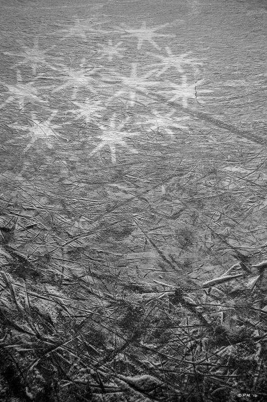 Ice rink with marks from skates and cluster of stars from lights. Outdoor Ice Rink Winchester UK. Monochrome Portrait. © P. Maton 2014 eyeteeth.net 