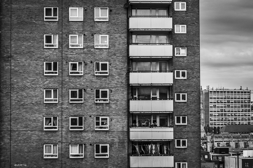 Tower block with balconies on John Street Brighton UK. Monochrome Landscape.  P. Maton 2014 2015 eyeteeth.net