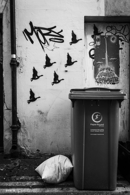 Flying geese stencil art graffiti on wall next to rubbish bin. Orange Row, North Laine Brighton UK. Monochrome Portrait. © P. Maton 2015 eyeteeth.net