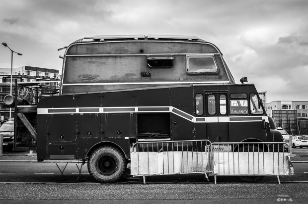 Green Goddess Fire engine with caravan top conversion into mobile home. Side view . Hove Street Hove UK. Monochrome Landscape. © P. Maton 2015 eyeteeth.net