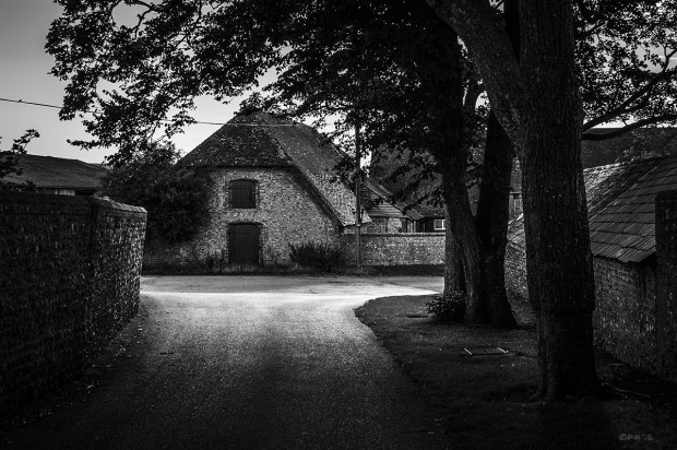 Old flint barn, Burning Sky Brewery building seen from  tree lined lane opposite. Fire East Sussex. Monochrome Landscape. © P. Maton 2015 eyeteeth.net