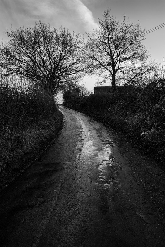 Wet road leading up hill between hedgerows, Turks Lane, Mortimer Common, Berkshire UK black and white rural documentary landscape portrait photograph © P. Maton 2017 eyeteeth.net