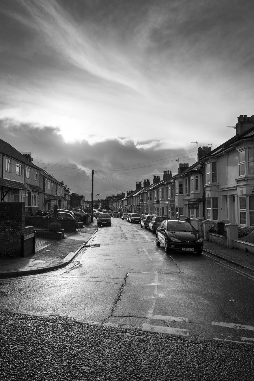 Abinger Road, Portslade, West Sussex UK, dramatic clouds and sunlight after rain, black and white urban landscape documentary photograph ©P. Maton 2018 eyeteeth.net