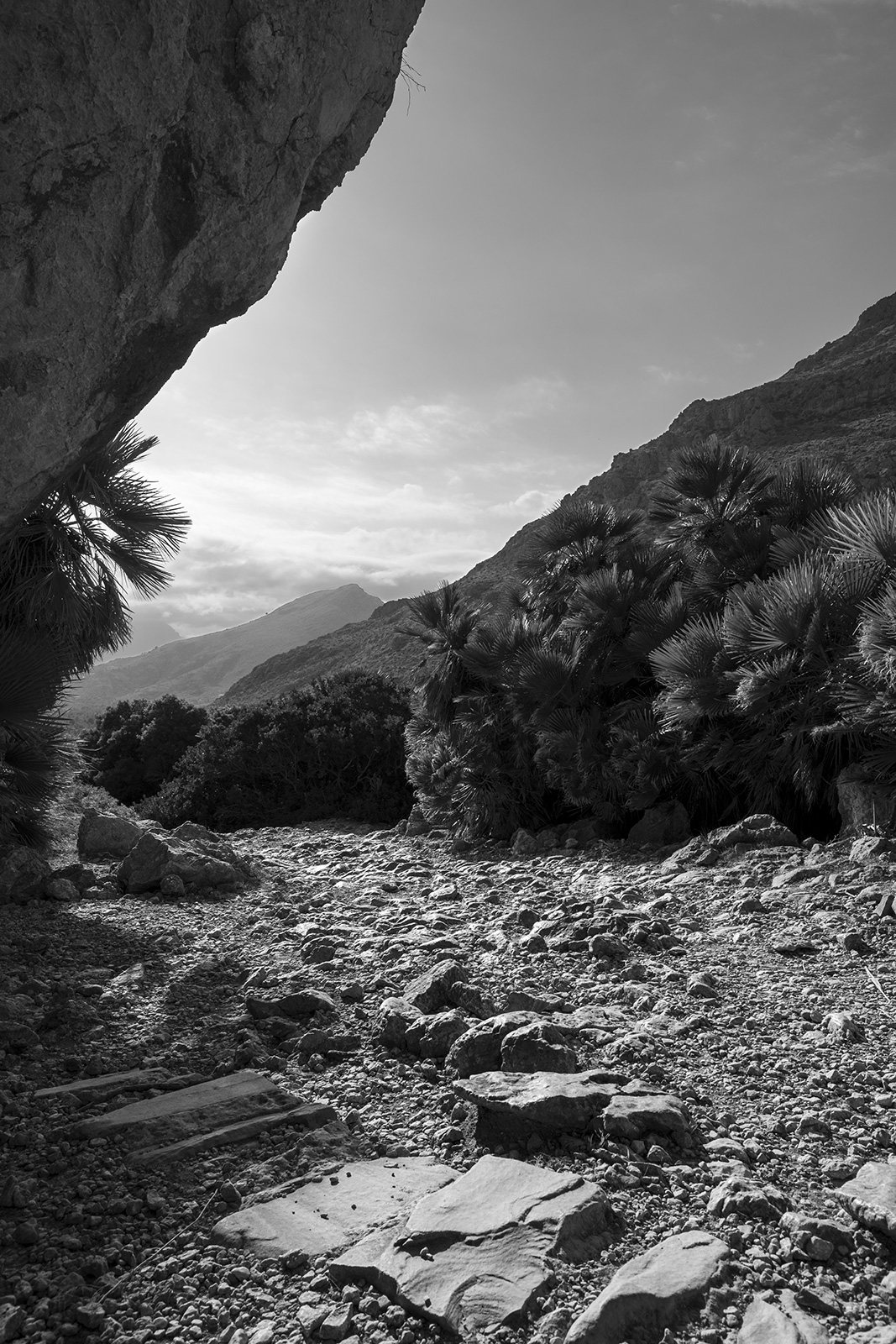 Rocky path under overhanging cliff by mediterranean plants and mountains in background, black and white landscape portrait Boquer Valley Mallorca Spain ©P.Maton 2019 eyeteeth.net