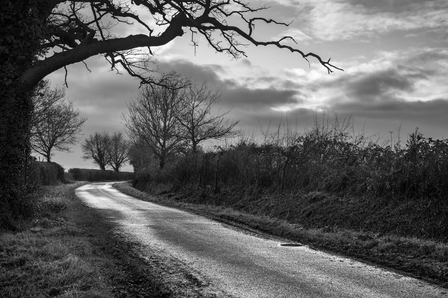 Black and white rural landscape of Pitfield Lane Stratfield Mortimer Berkshire UK ©P. Maton 2019 eyeteeth.net